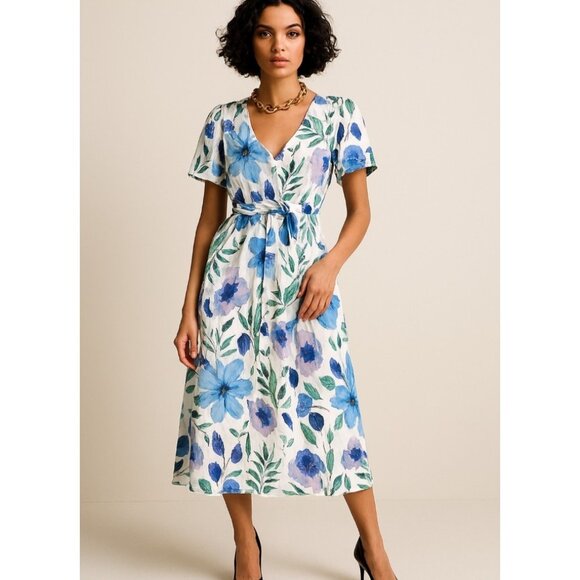 Maia Floral Midi Dress White with Blue & Purple Flowers V-Neck, Short Sleeve S - Picture 1 of 9